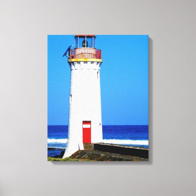 Lienzo Faro rojo y blanco en las aguas de Cabo Bridgewate (Anverso)
