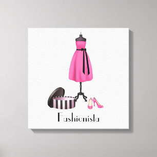 Lienzo Fashionista - vestido y zapatos rosados en lona