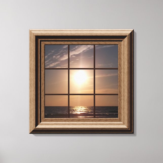 Lienzo Faux Window View Ocean Sunset Canvas Wall Art (Anverso)