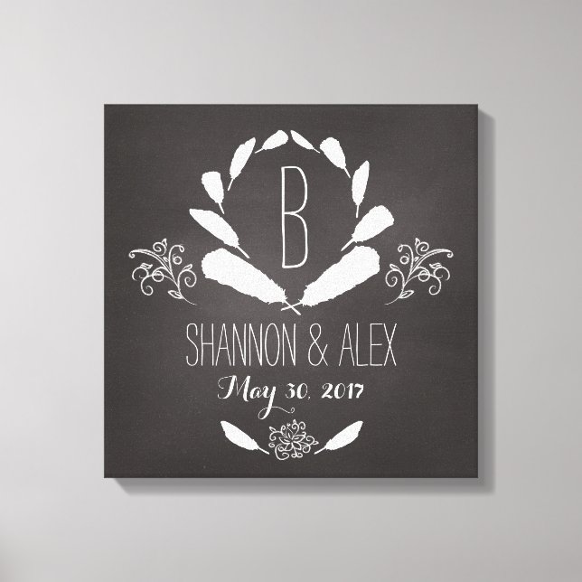 Lienzo Feather Chalkboard Monograma Fecha Boda (Anverso)