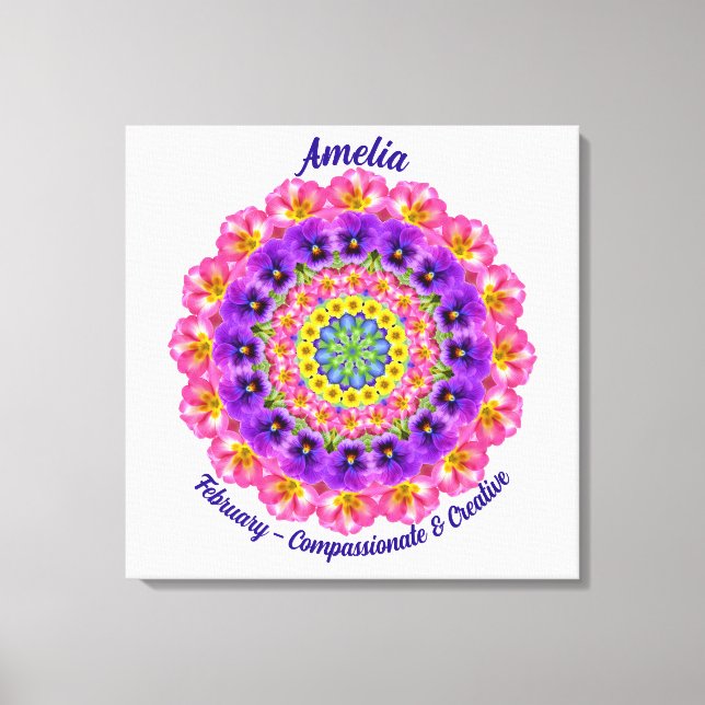 Lienzo Febrero Flor de Nacimiento Personalizada Mandala Z (Anverso)