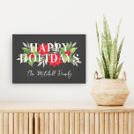 Lienzo Felices vacaciones Navidades griegos nombre famili<br><div class="desc">Este moderno doormat de Navidades de tipografía floral presenta la redacción "Happy Holidays" enmarcada por un elegante diseño de acuarela floral y verde de invierno. Incluye hojas y bayas huecas, flores de poinsettia y ramas de hojas. Personalice el texto del guión con el apellido u otro texto personalizado de su...</div>