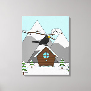 Lienzo Feliz Canto de Blackbird en el paisaje invernal