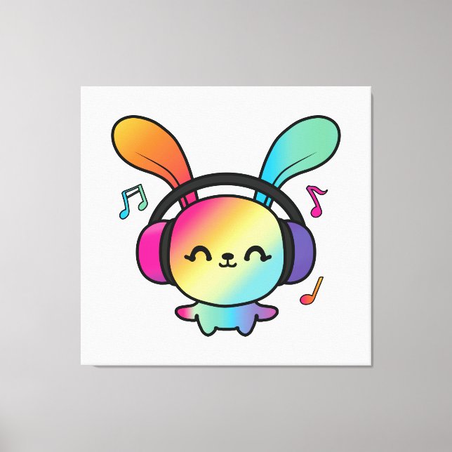 Lienzo Feliz Conejo con auriculares escuchando música. (Anverso)