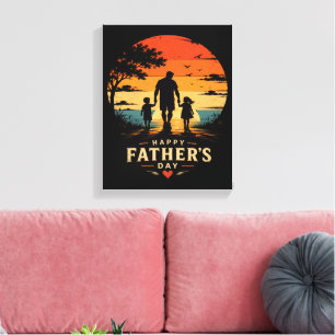 Lienzo Feliz Día del Padre Atardecer Retro Papá Hijo