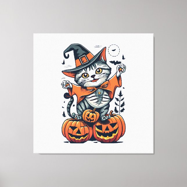 Lienzo Feliz Halloween Bruja Gato (Anverso)