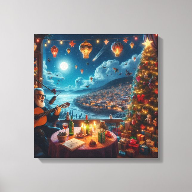 Lienzo Feliz Navidad Festivo Guitarra Jugador Ciudad Cost (Anverso)
