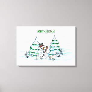 Lienzo ¡Feliz Navidad! Hombre de nieve con gato y cachorr