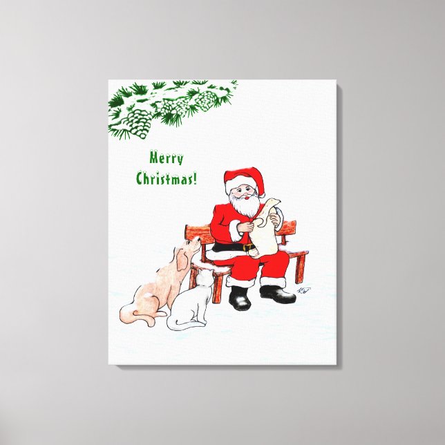 Lienzo Feliz Navidad! Papá Noel con gato y perro (Anverso)