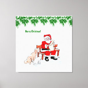 Lienzo Feliz Navidad - Papá Noel con gato y perro