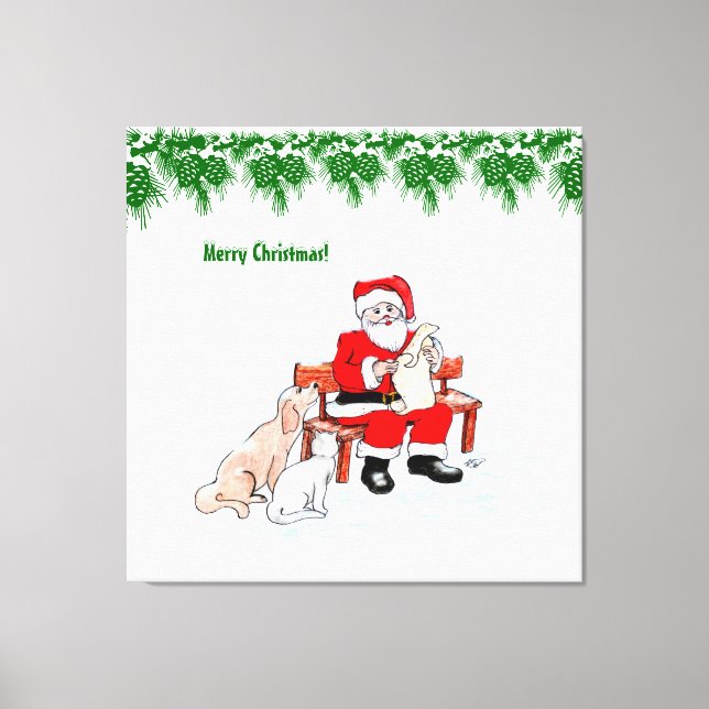 Lienzo Feliz Navidad - Papá Noel con gato y perro (Anverso)