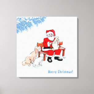 Lienzo Feliz Navidad - Papá Noel con gato y perro