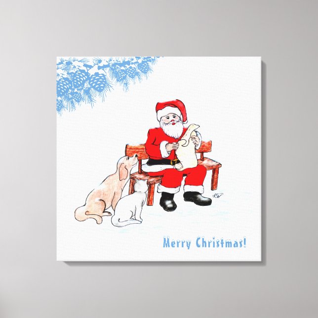 Lienzo Feliz Navidad - Papá Noel con gato y perro (Anverso)