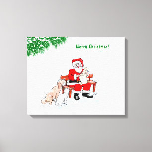 Lienzo Feliz Navidad - Papá Noel con gato y perro