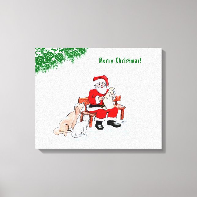 Lienzo Feliz Navidad - Papá Noel con gato y perro (Anverso)
