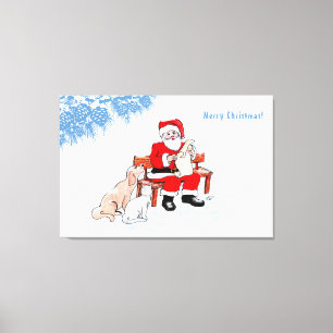 Lienzo Feliz Navidad - Papá Noel con gato y perro