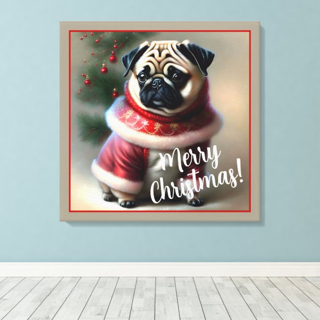 Lienzo Feliz Navidad Pug (Insitu (piso de madera))