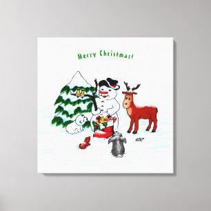 Lienzo ¡Feliz Navidad! Snowman con sus amigos