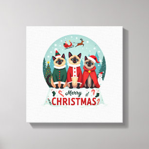 Lienzo Feliz Navidad Tres Santa Elfo Reno Gatos Siameses