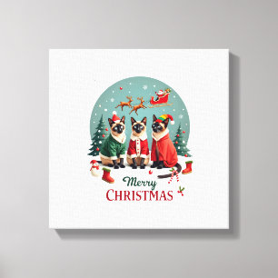 Lienzo Feliz Navidad Tres Santa Elfo Reno Gatos Siameses 