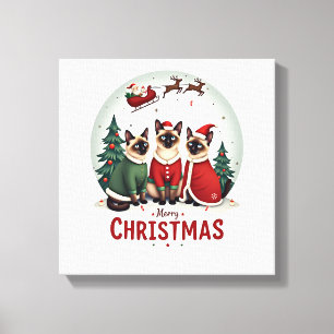 Lienzo Feliz Navidad Tres Santa Elfo Reno Gatos Siameses
