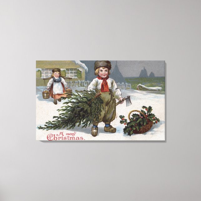 Lienzo Feliz NavidadBoy con un árbol de corte (Anverso)