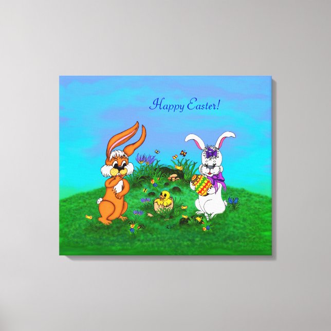 Lienzo ¡Feliz Pascua! Conejo con conejo y pollo (Anverso)