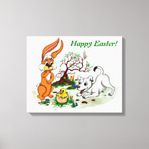 Lienzo ¡Feliz Pascua! Welpe, Küken, Hase