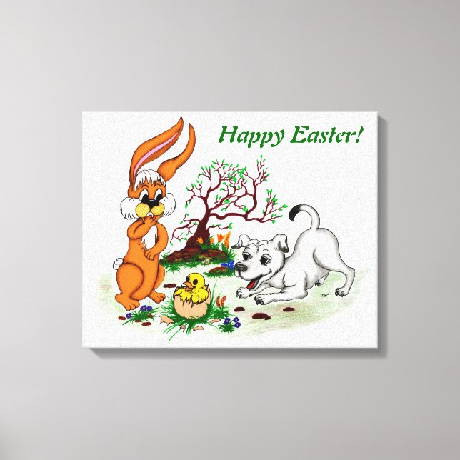 Lienzo ¡Feliz Pascua! Welpe, Küken, Hase (Anverso)