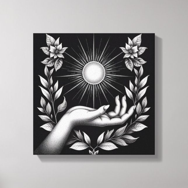 Lienzo Feminine Hand Holding Radiant Sun Illustration (Anverso)
