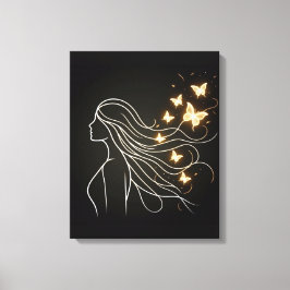 Lienzo Feminine Line Art with Golden Butterflies Canvas