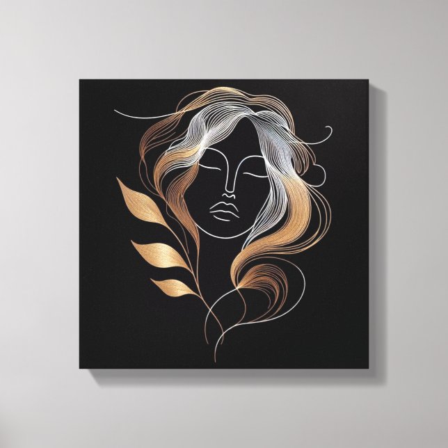 Lienzo Feminine Line Art with Golden Leaf Flow (Anverso)