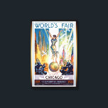 Lienzo Feria Mundial de Chicago de 1933 - Art Deco retro<br><div class="desc">Hermoso poster retro Art Deco vintage de la Feria Mundial del Progreso de 1933 - Un siglo de progreso,  que muestra a mujeres paradas en el planeta Tierra entre líneas aéreas,  aviones y baches.</div>