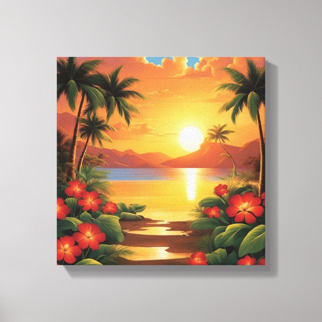 Lienzo Feroy atardecer tropical con palmeras (Anverso)