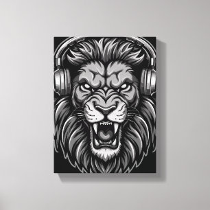 Lienzo Fiero León Rugiente con Auriculares Monocromo Pos