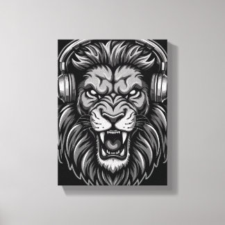 Lienzo Fiero León Rugiente con Auriculares Monocromo Pos