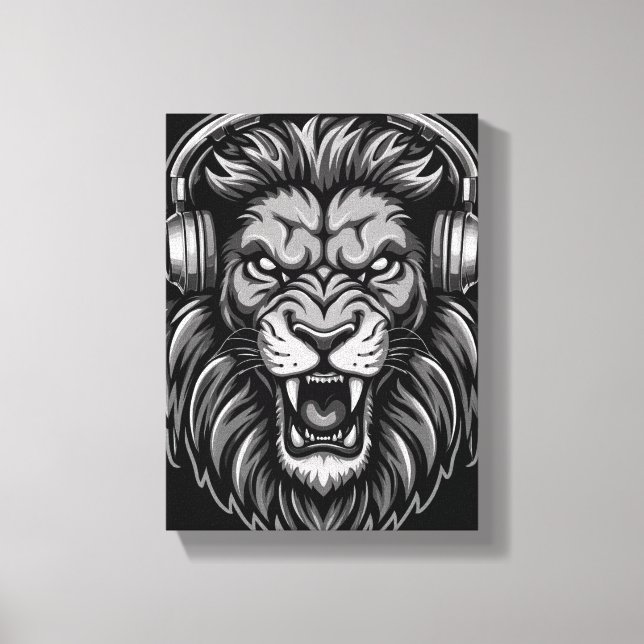 Lienzo Fiero León Rugiente con Auriculares Monocromo Pos (Anverso)
