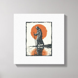 Lienzo Figura caminando vintage reflejo de la puesta del