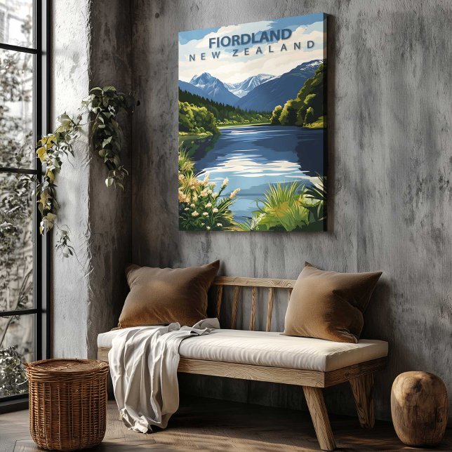 Lienzo Fiordland New Zealand Travel Poster Canvas Art (Fiordland New Zealand Travel Poster Canvas Art by TinkPrints.)