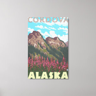 Lienzo Fireweed y montañas - Cordova, Alaska