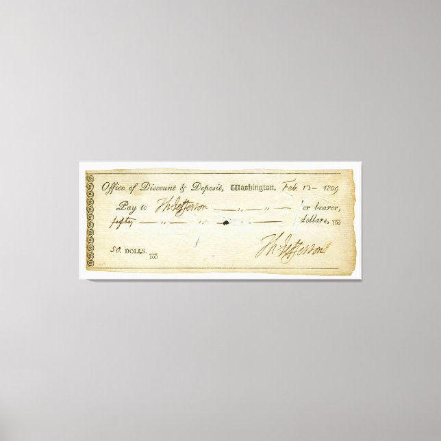 Lienzo Firma de Thomas Jefferson en cheque bancario 1809 (Anverso)