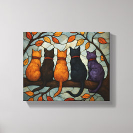 Lienzo Five Cats on a Tree Branch Stained Glass Style