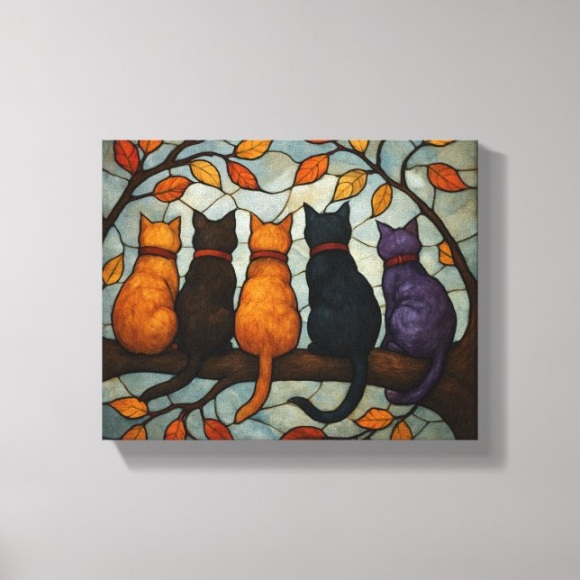 Lienzo Five Cats on a Tree Branch Stained Glass Style (Anverso)