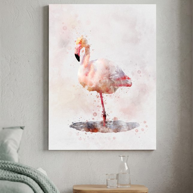 Lienzo Flamenco Rosa Elegante de pie en Acuarela (Elegant Pink Flamingo standing in Watercolor. Canvas Print)