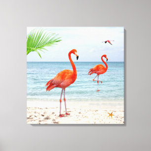 Lienzo Flamencos rojos vibrantes y palmera en la playa