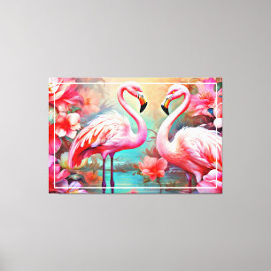 Lienzo Flamencos rosas en un lago con flores-20231