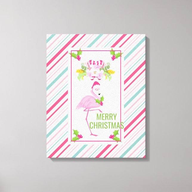 Lienzo Flamingo rosa Santa Hat Candy Canes y Holly (Anverso)