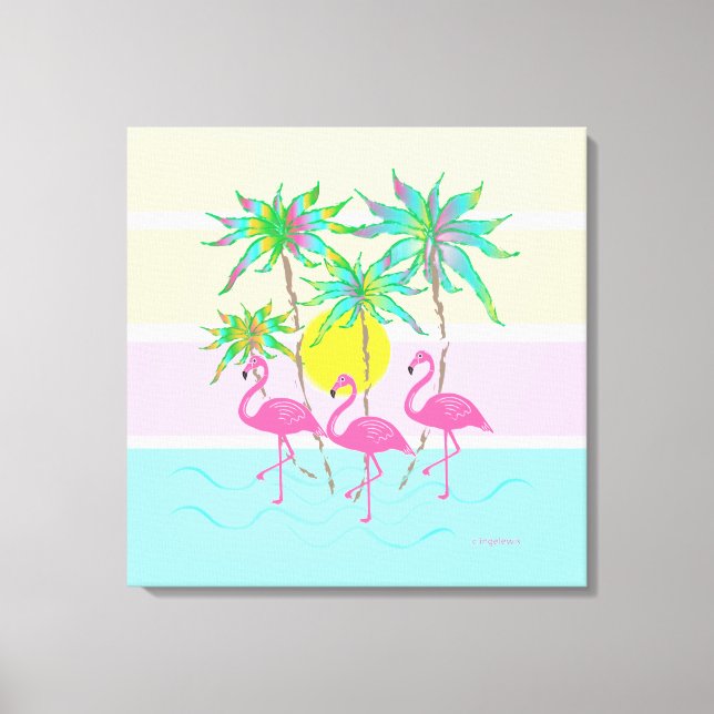 Lienzo Flamingos rosas Guay Sun y Palm Trees Wall Art (Anverso)