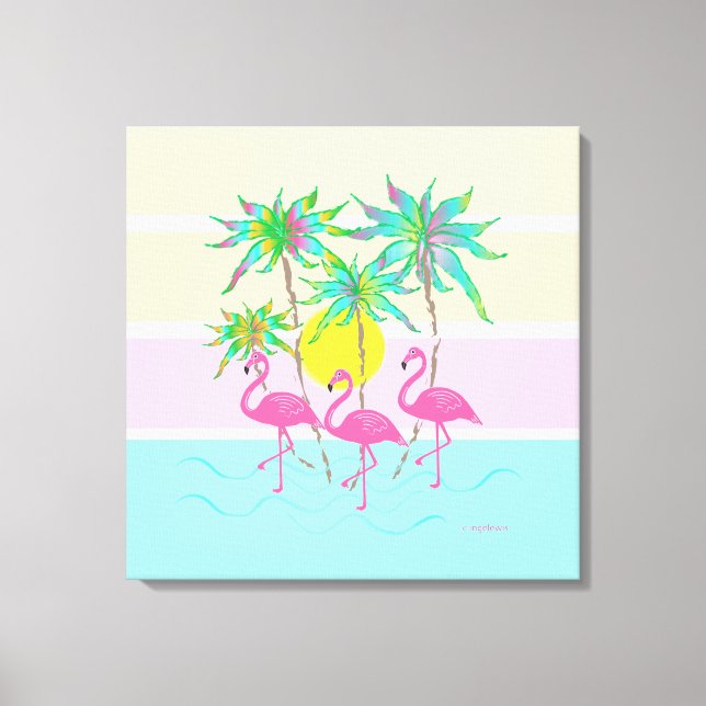 Lienzo Flamingos rosas Guay Sun y Palm Trees Wall Art (Anverso)