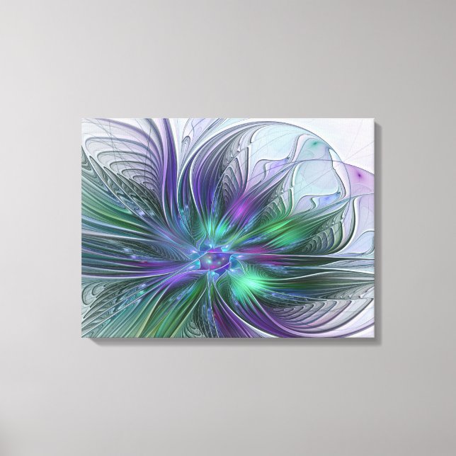 Lienzo Flor Abstracta Moderna Fractal Verde Púrpura (Anverso)
